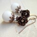 Milky White Earrings with Rhinestone and Metal Flower Hook Antique Copper Vintage Style Beaded