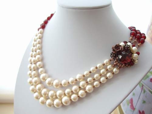 Outstanding Necklace Burgundy & Pearl with Three Rows and Sparkly Rhinestones Antique Copper Statement Rhinestone Beaded Box Clasp