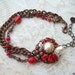 Red & Pearl Beaded Rhinestone Bracelet Antique Copper Metal Vintage Style Rhinestone Textured Chain