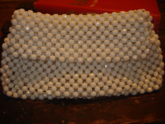 Vintage Handmade 1950s White Beaded Purse Bag Handbag Clutch