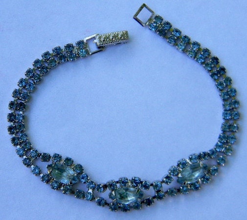 Delicate Vintage Blue Rhinestone Tennis Bracelet with Adorned Snap Closure Clasp