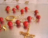 Red Coral Chaplet with handmade golden cross / Prayer beads for joy / Alchemical Chaplet