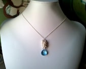 White Pearl With Blue Wedding Necklace, Earrings Set -  Bridal Jewelry, Swarovski Dangle Wedding Elegant Handmade Jewelry