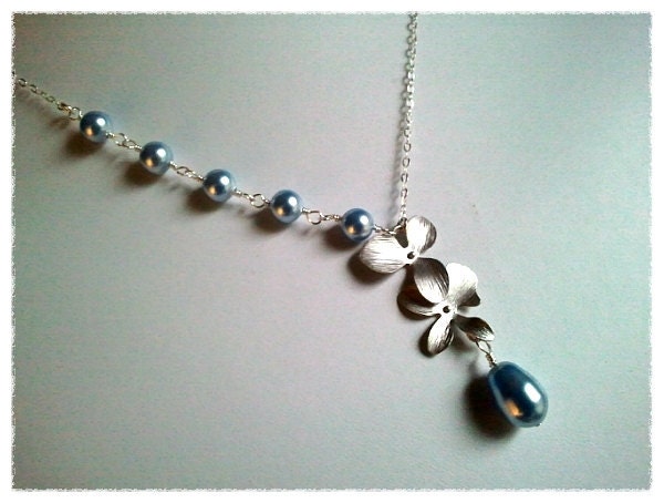 Orchids Flowers with Blue Pearl Necklace - bridesmaid gifts,Wedding jewelry,flower girl,anniversary gift