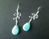 Leaves with Turquoise ,Drop, Dangle, Earrings,bridesmaid gifts,Wedding jewelry - Silver or Gold