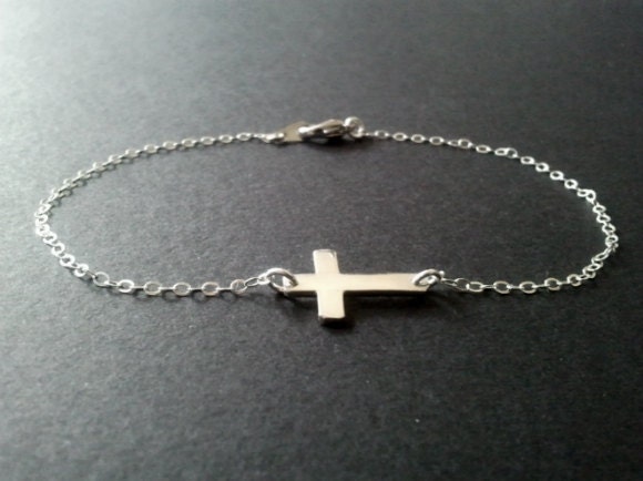 Sideways Cross silver charm bracelet, (Sterling Silver Pendant) Bangle,Friendship, Charm, Chain Bracelet - SILVER OR GOLD