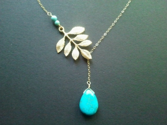 Lariat Multi Leaves with Turquoise Gold Lariat Necklace, Mother's day gift, bridal gift, wedding jewerly
