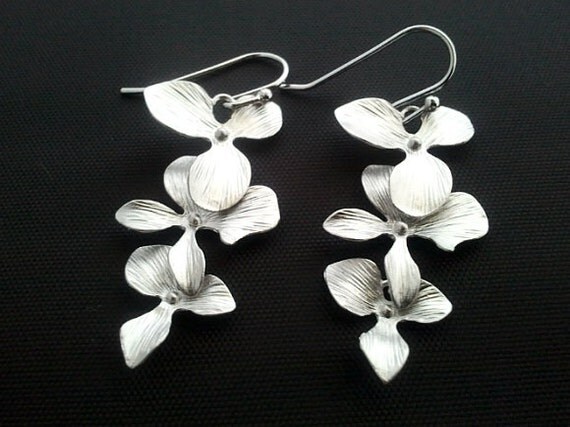 Dangle Triple Orchids Flowers Drop Silver ,Drop, Dangle, Earrings,bridesmaid gifts,Wedding jewelry