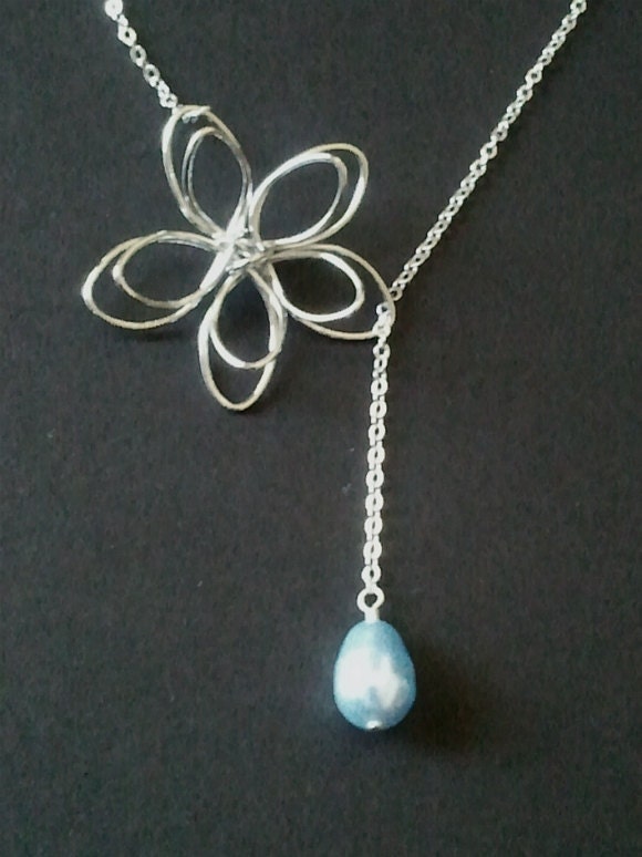 Lariat Flower with Light Blue Pearl Lariat Necklace - bridesmaid gifts,Wedding Jewelry, mother's day gift