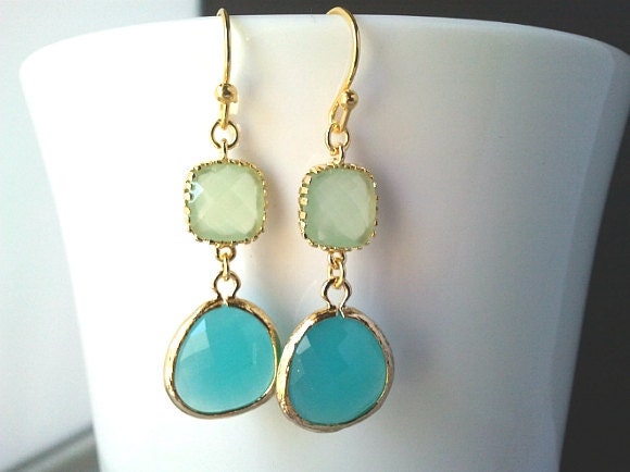 Mint Blue Gold Drop Earrings - Dangle Earrings,Gemstone, bridesmaid gifts,Wedding Earrings,mother's day gift