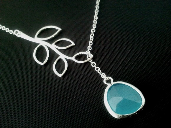 Branch with Ocean Blue Silver Lariat Necklace -mother's day gift,Birthstone necklace, Leaf Pendant, wedding jewelry