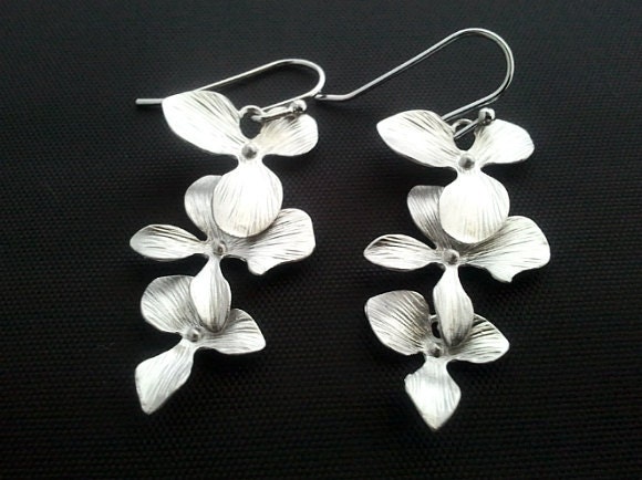 Dangle Triple Orchids Flowers  Drop Silver ,Drop, Dangle, Earrings,bridesmaid gifts,Wedding jewelry