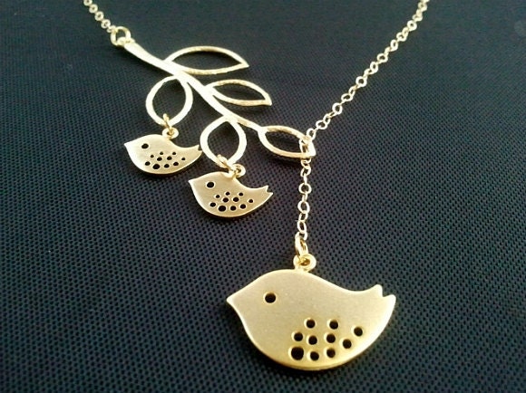 Family Bird on the branch Lariat Necklace, Bird Pendant Necklace, branch Charm Necklace, mother's day gift, grandmother gift