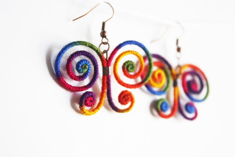 Rainbow Jewelry, Rainbow Butterfly Earrings, Butterfly earrings, Purple, pink, yellow, blue, green