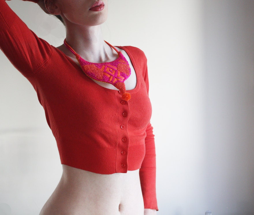 Geometric Necklace, Neon pink and Orange Necklace, Beaded Bib Necklace, Unique Jewelry, High Fashion Bib Necklace, OOAK,  Neckpiece, Collar,