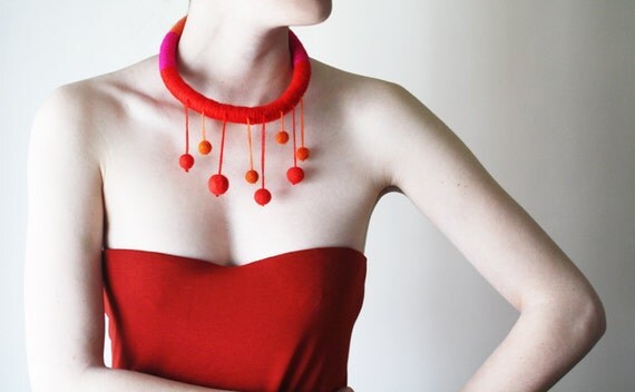 Fringe Necklace, Fiber art and Felt necklace, Neon colors necklace, Neon colors, Neon pink, neon red, Orange, Hippie, Unique, Boho