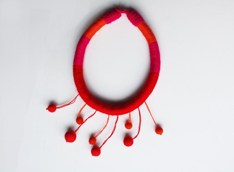 Fringe Necklace, Fiber art and Felt necklace, Neon colors necklace, Neon colors, Neon pink, neon red, Orange, Hippie, Unique, Boho