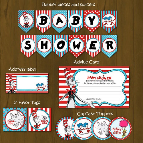 Dr Seuss Printable Baby Shower Package - Cat in a Hat Baby Shower DIY Set - invitation, banner, cupcake toppers, placemat, games, etc