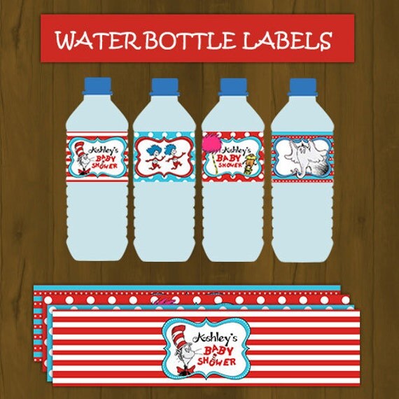 Dr. Seuss Baby Shower Water Bottle Labels- Cat in the Hat Printable Water Bottle Labels