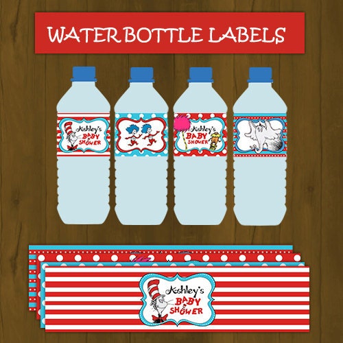 Dr. Seuss Baby Shower Water Bottle Labels- Cat in the Hat Printable Water Bottle Labels