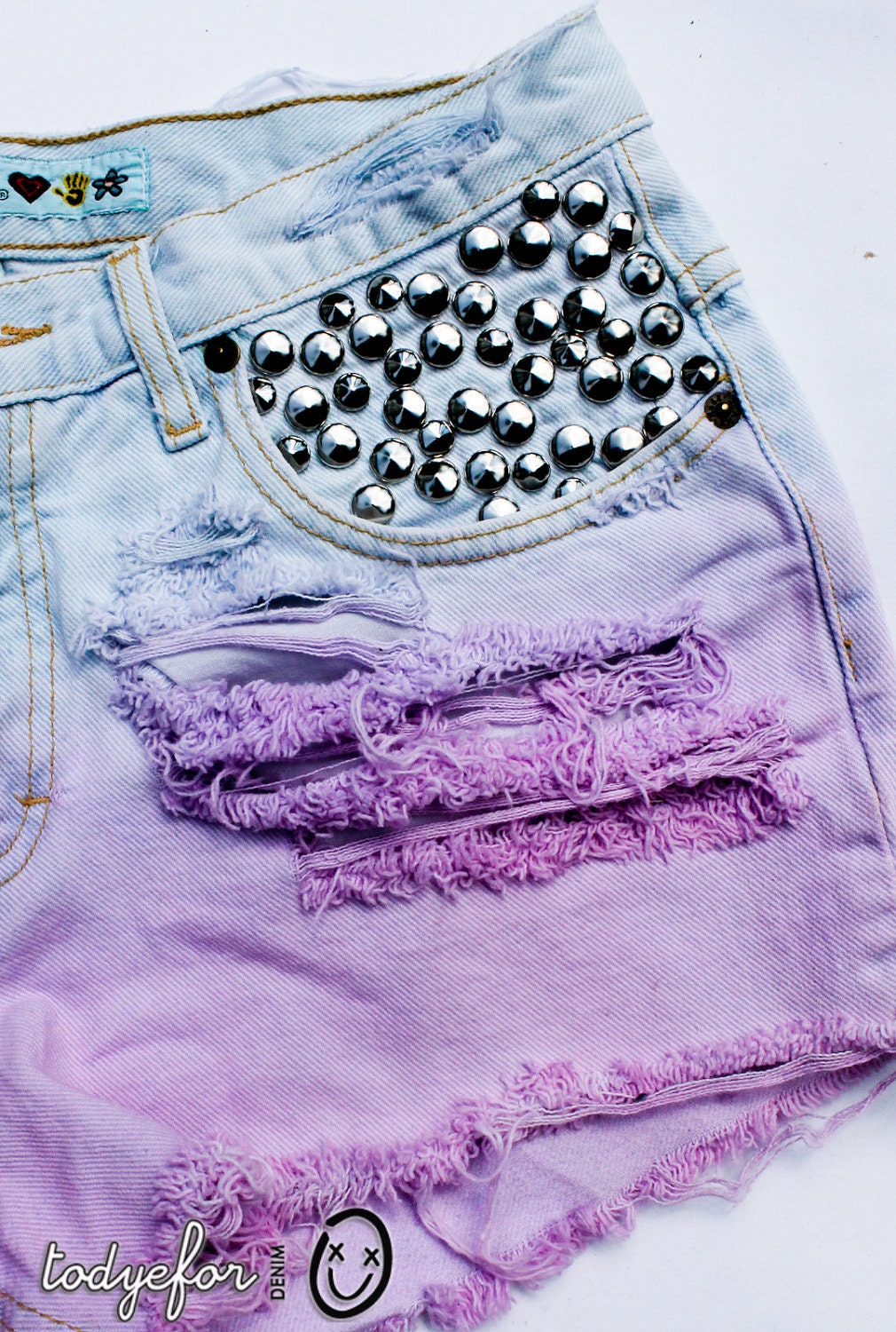 SALE pastel pink, purple, and light blue ombre / vintage denim / assorted conical studs & destroyed / midrise shorts