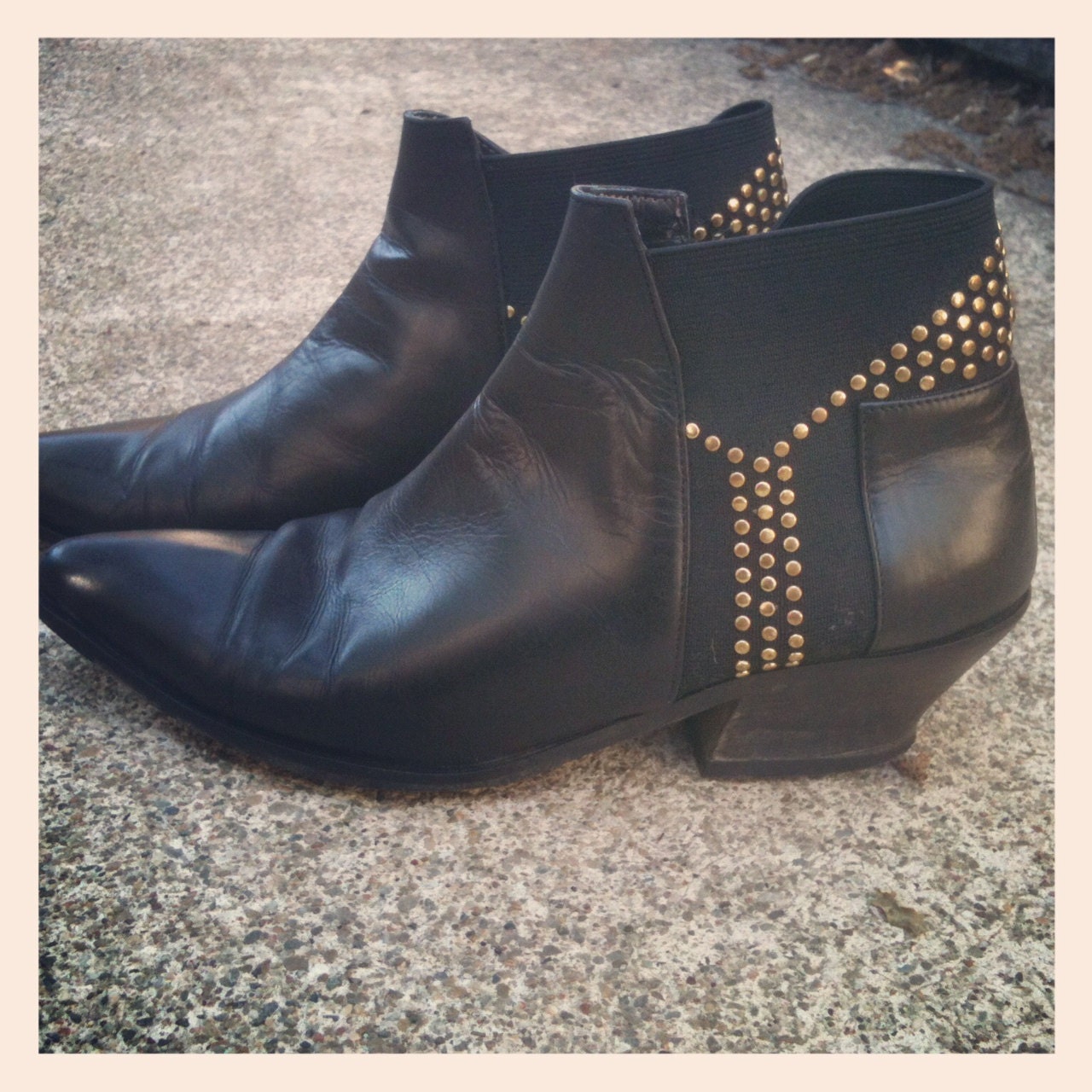 Vintage 80s Black Leather and Gold Stud Ankle Boots Size 6