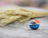 Painted Antler RIng - Wearable Art - Natural Deer Antler Slice - Sea Birds Sun Ocean - Cobalt Blue Turquoise Orange