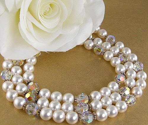Pearl and Crystal Bridal Choker:  White Pearl and Clear AB Swarovski Crystal Bridal Choker, SS Clasp