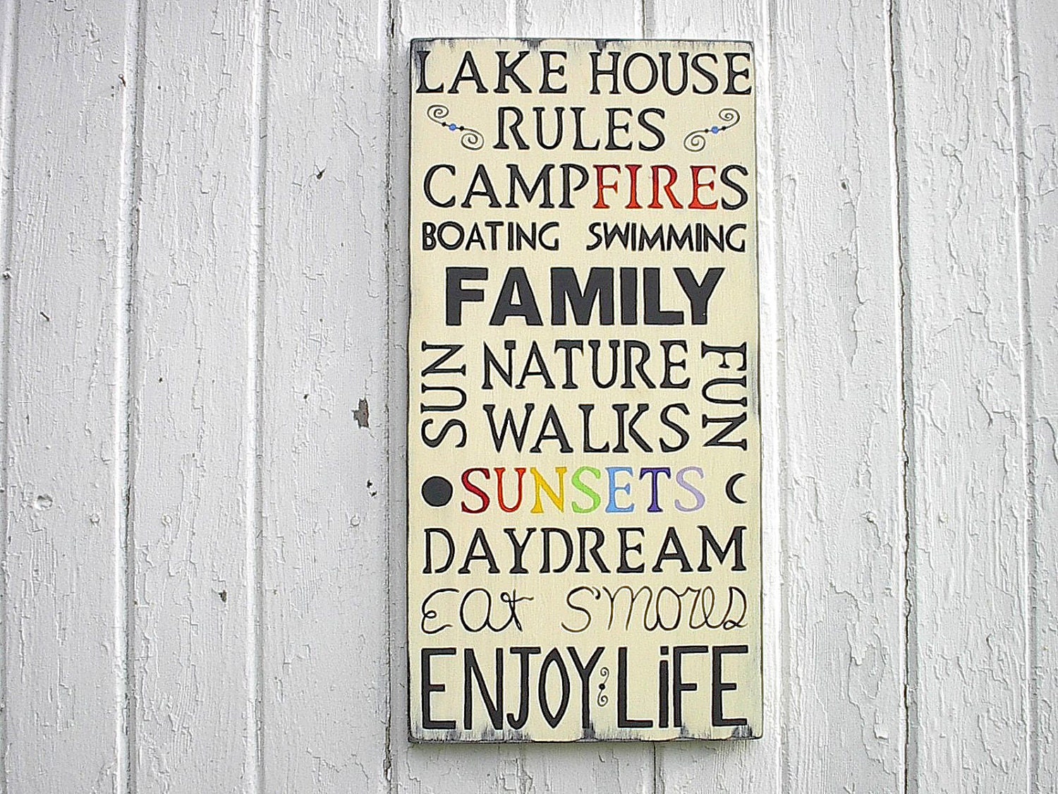 Lake House Rules Typography Word Art 12 by 24 Wood Signs Distressed