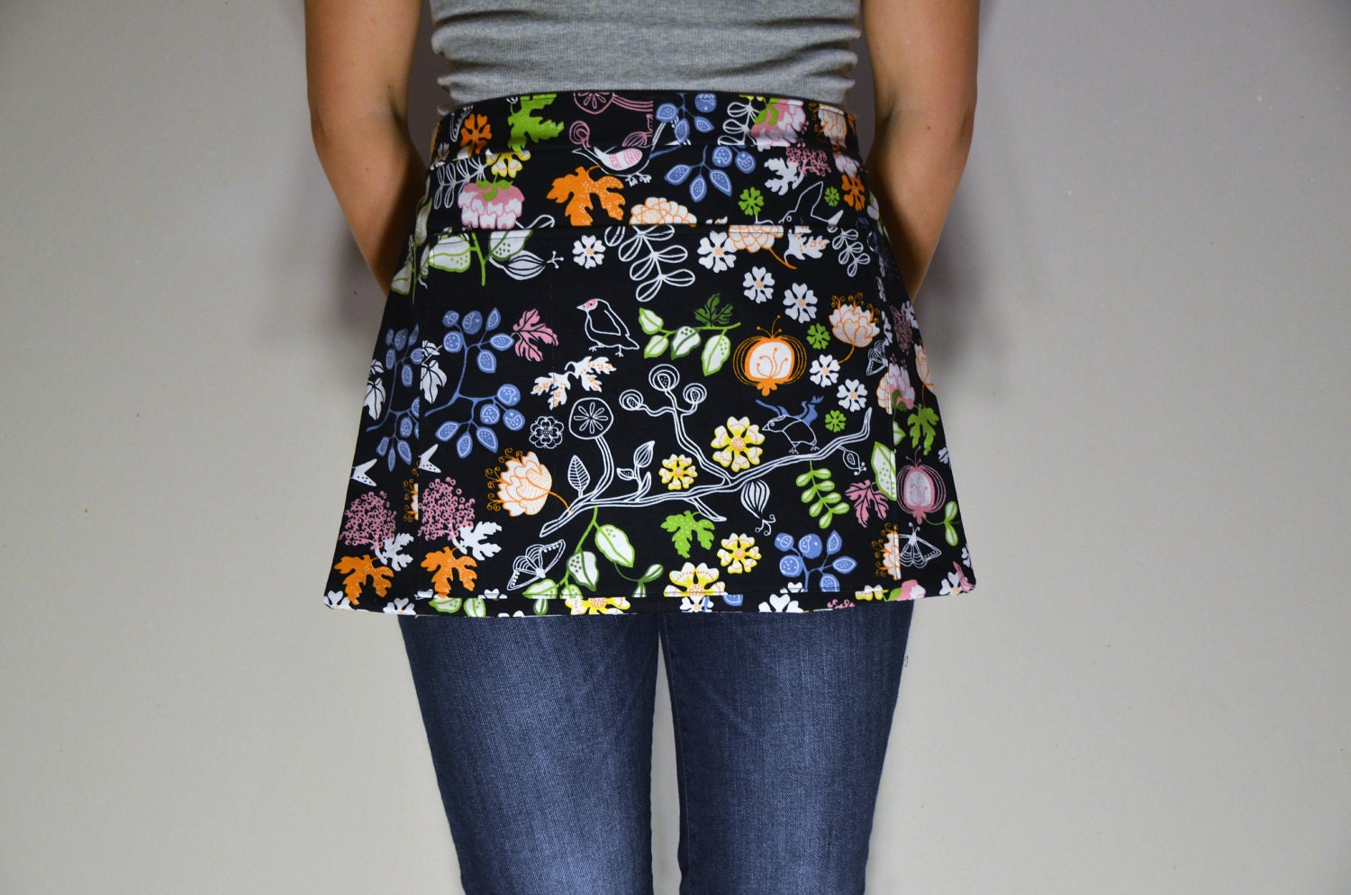 Half Apron Black with Vibrant Color and Birds Print Server Barista Gardener Cooking Teacher