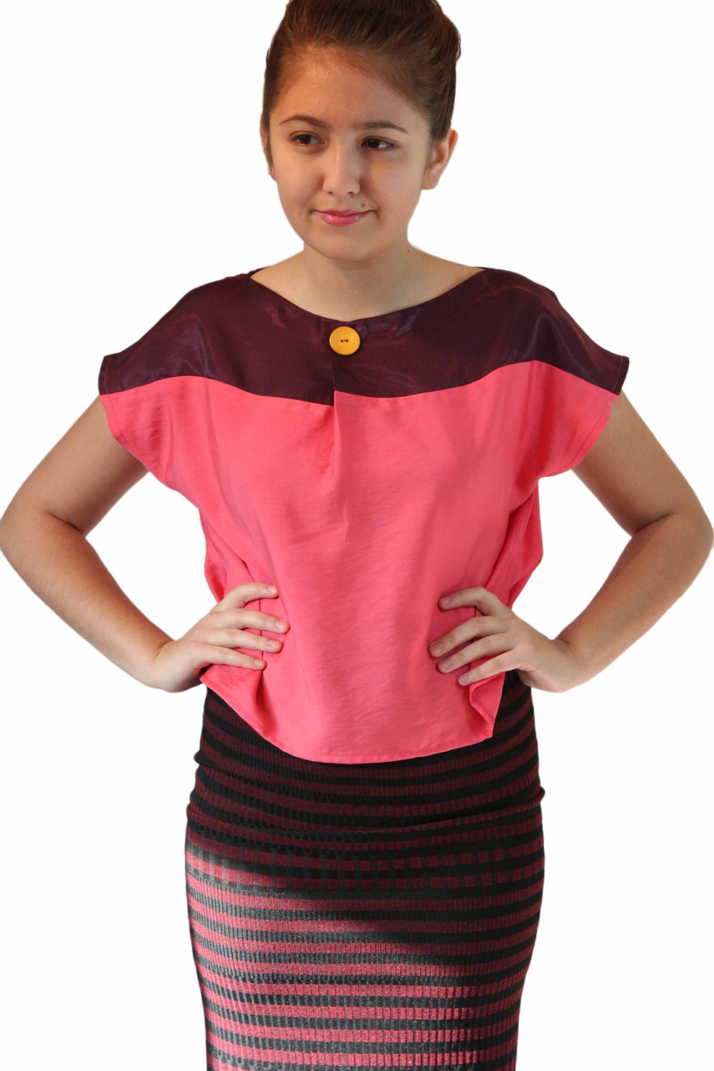 Pink and Burgundy women Top, Silky Fabric, OOAK