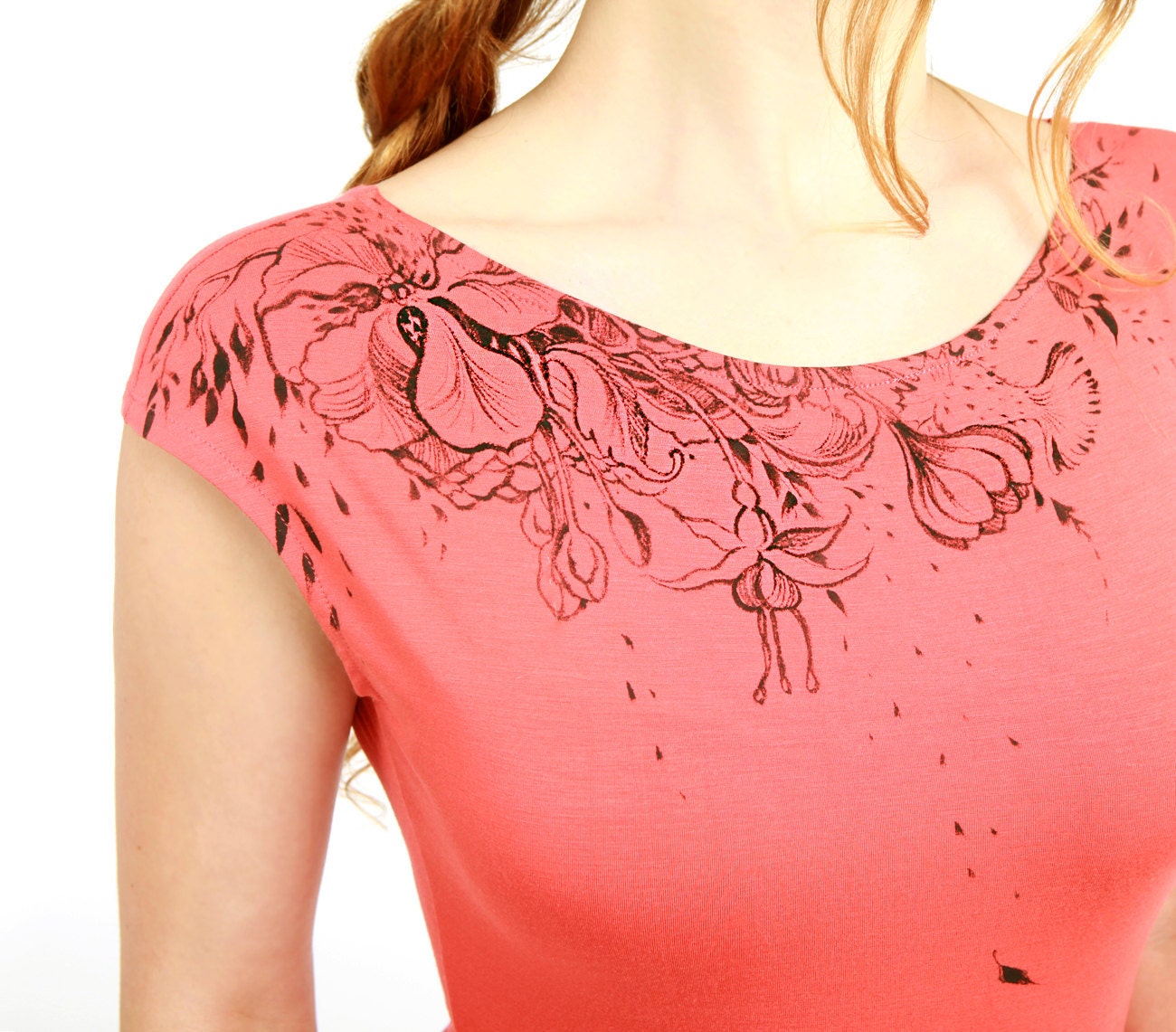 Hand painted unique OOAK Pink women Top, Low cut back with black silky bow