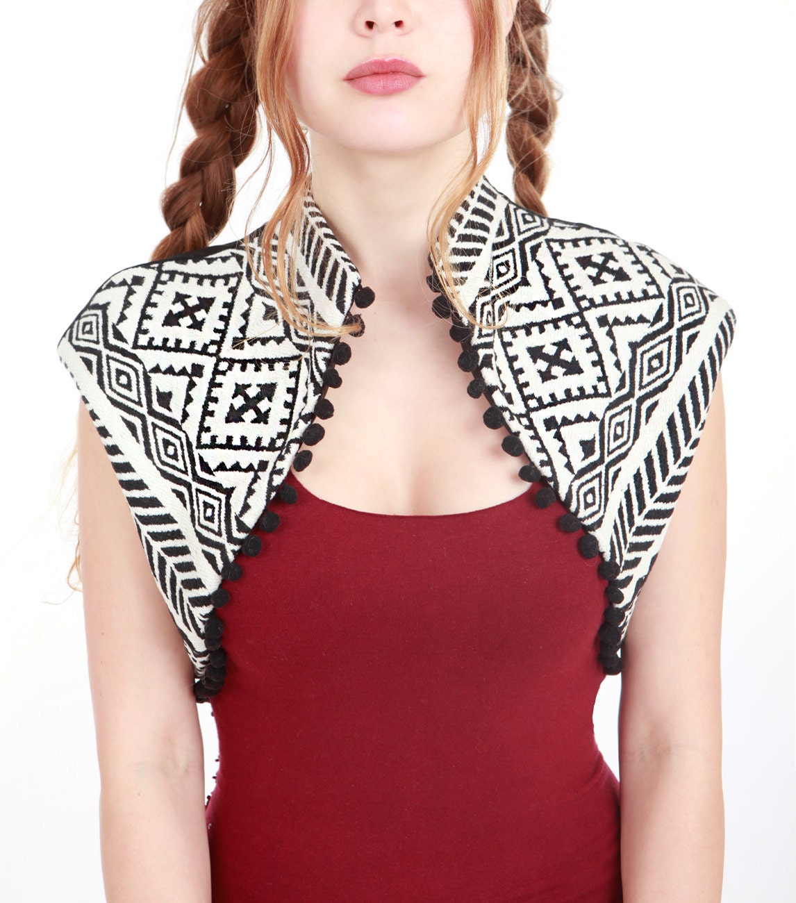 Black and White Vest With Black Pompoms, Ethnic/Boho inspired style, OOAK
