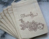 Wedding favor bags, muslin, 3x5. Set of 50.  "Thank You" and vintage lace scroll in brown on natural white cotton.
