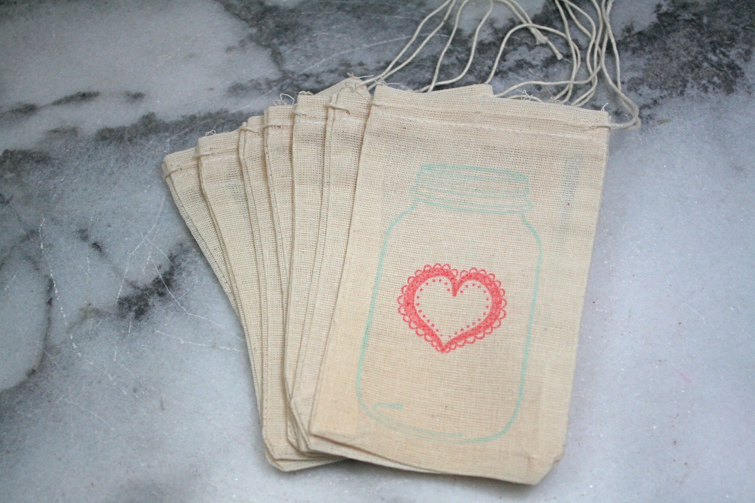 Wedding favor bags, muslin, 3x5. Set of 50. Tiffany blue mason jar with red lace heart on natural white muslin.