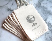 Wedding favor bags, muslin, 3x5. Set of 50.  Globe with Thank You in black on natural muslin. Destination or travel wedding detail.