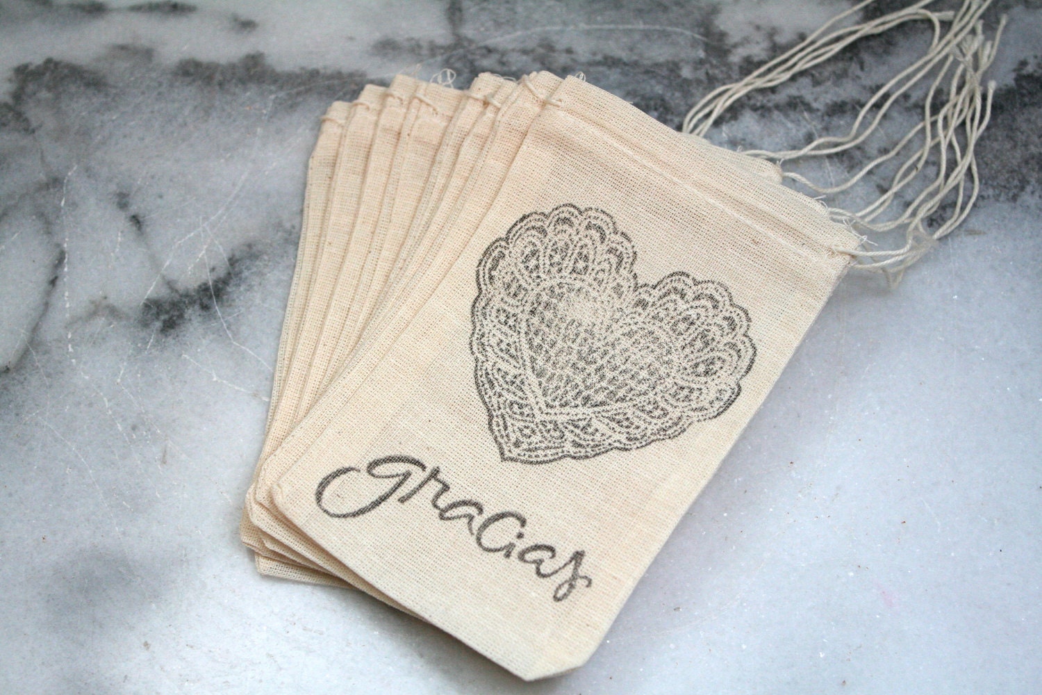 Wedding favor bags, muslin, 3x5. Set of 50.  Lace heart and Gracias in black on natural white cotton.