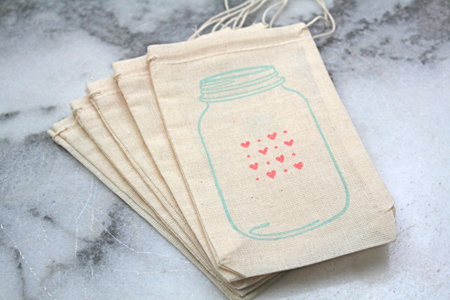 Wedding favor bags, muslin, 3x5. Set of 50.  Blue mason jar full of tiny red hearts on natural white cotton.