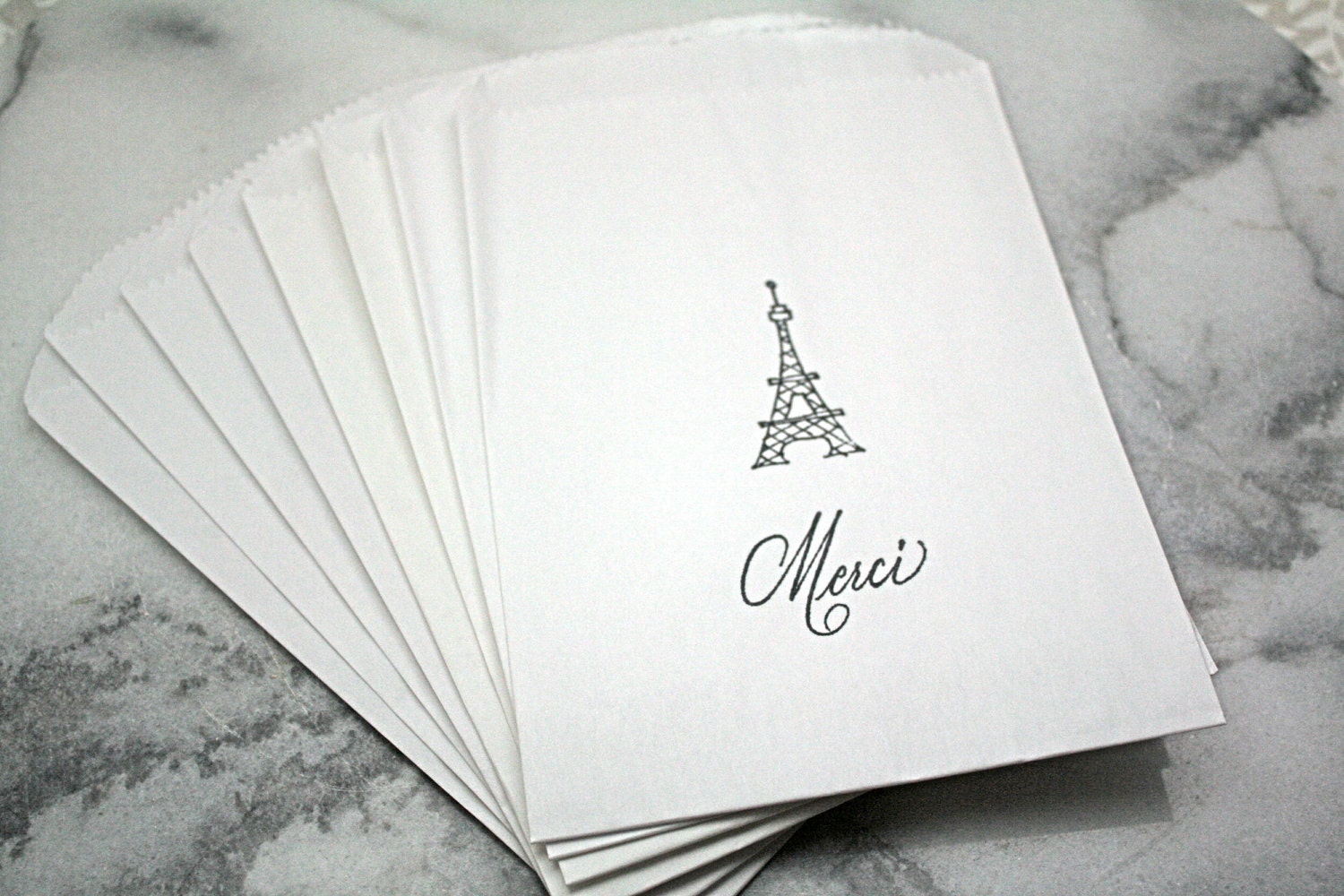Candy buffet bags, 50 wedding candy buffet bags, candy station bags, cake bags. Eiffel tower and Merci in black.