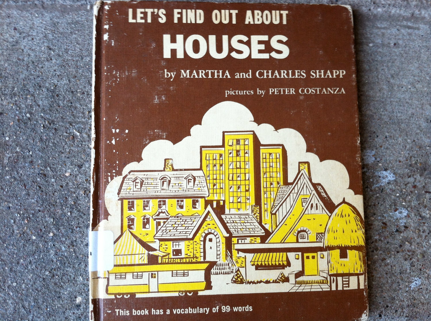 Book "Lets Find Out About Houses", kids childrens vintage home book color brown mustard yellow craft supplies ephemera paper pack
