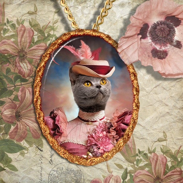 Blue British Cat Jewelry Pendant Necklace - Brooch Handcrafted Ceramic