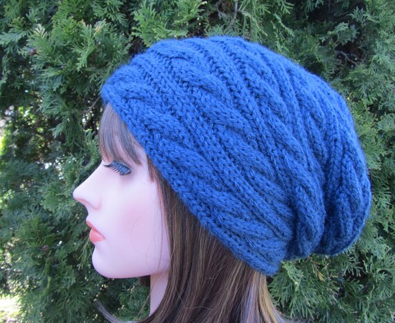 Denim Hand Knit Hat, Slouchy Hat in Denim, Knitted Navy Blue Hat, Winter Accessories