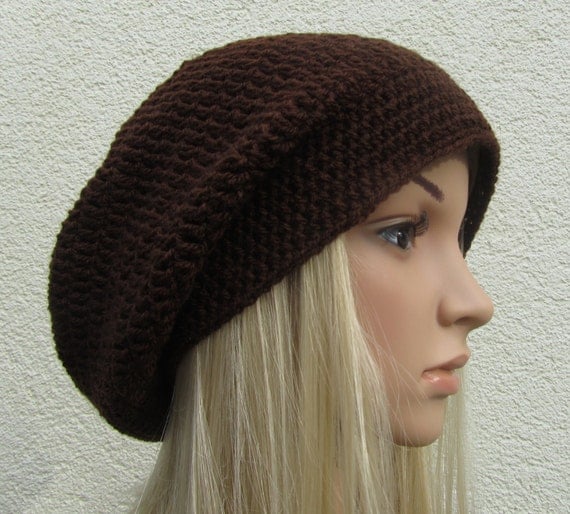 Slouchy Beret Hat, Crochet Brown Hat, Unisex Hat