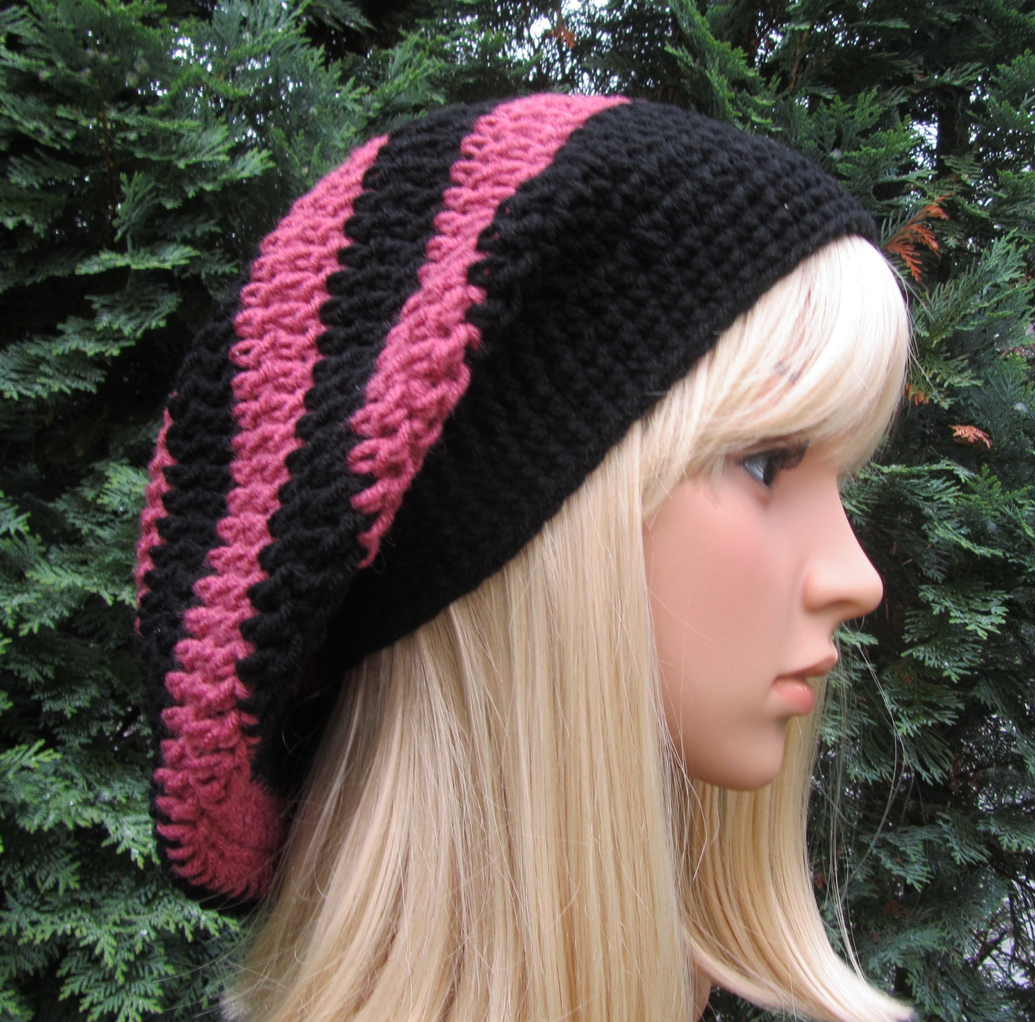 Big Slouch Baggy Hat, Crochet Hat in Black and Country Rose, Winter and Spring Fashion Accessories
