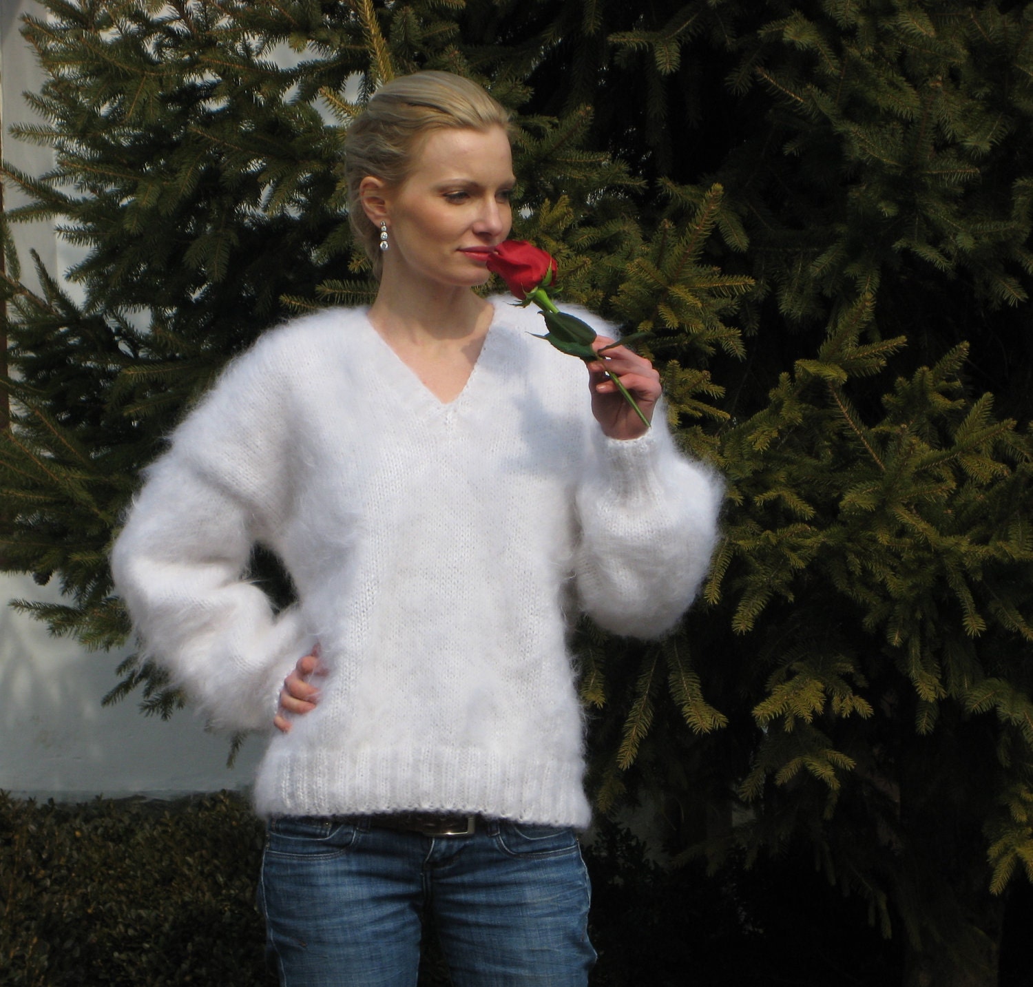 V Neck White Hand Knitted Mohair Sweater