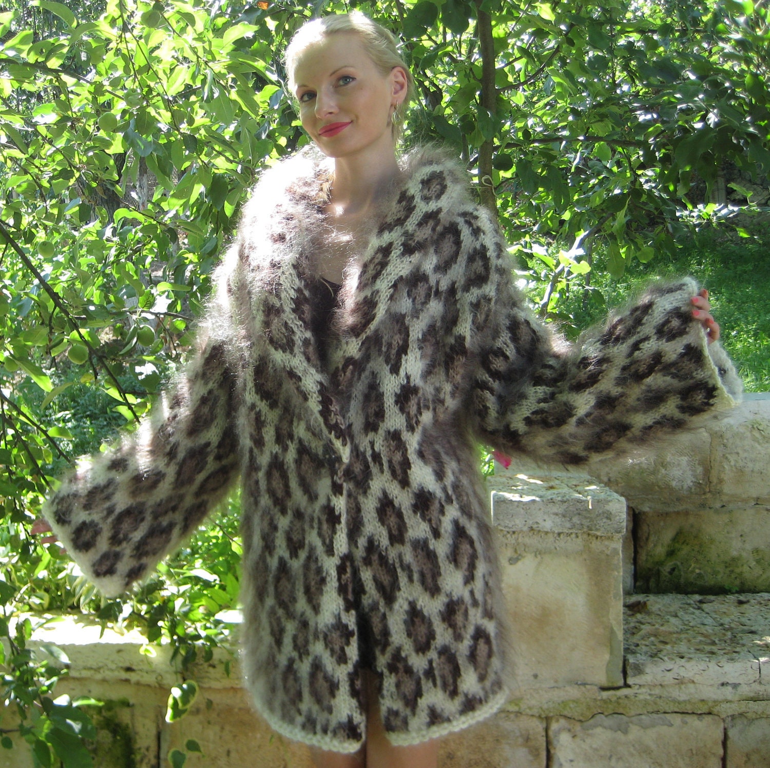 Very Thick Hand Knitted Mohair Sweater Coat Leopard Fuzzy Cardigan by SUPERTANYA