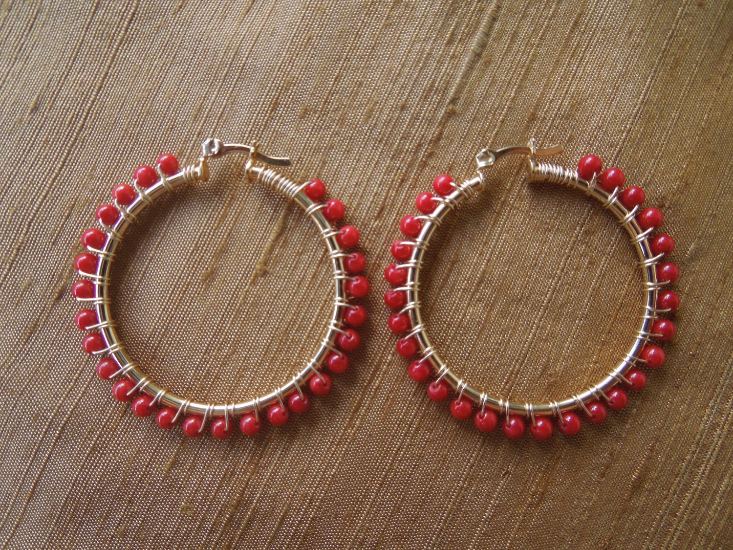 18 kt Gold-filled Hoop Earrings Wire Wrapped with Red Coral Beads