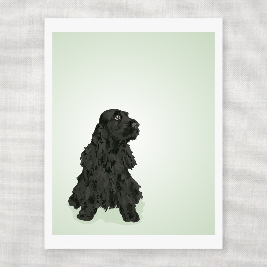 Black English Cocker Spaniel Dog Portrait - Mint Green Illustrated Print - 8 x 10 Archival Matte