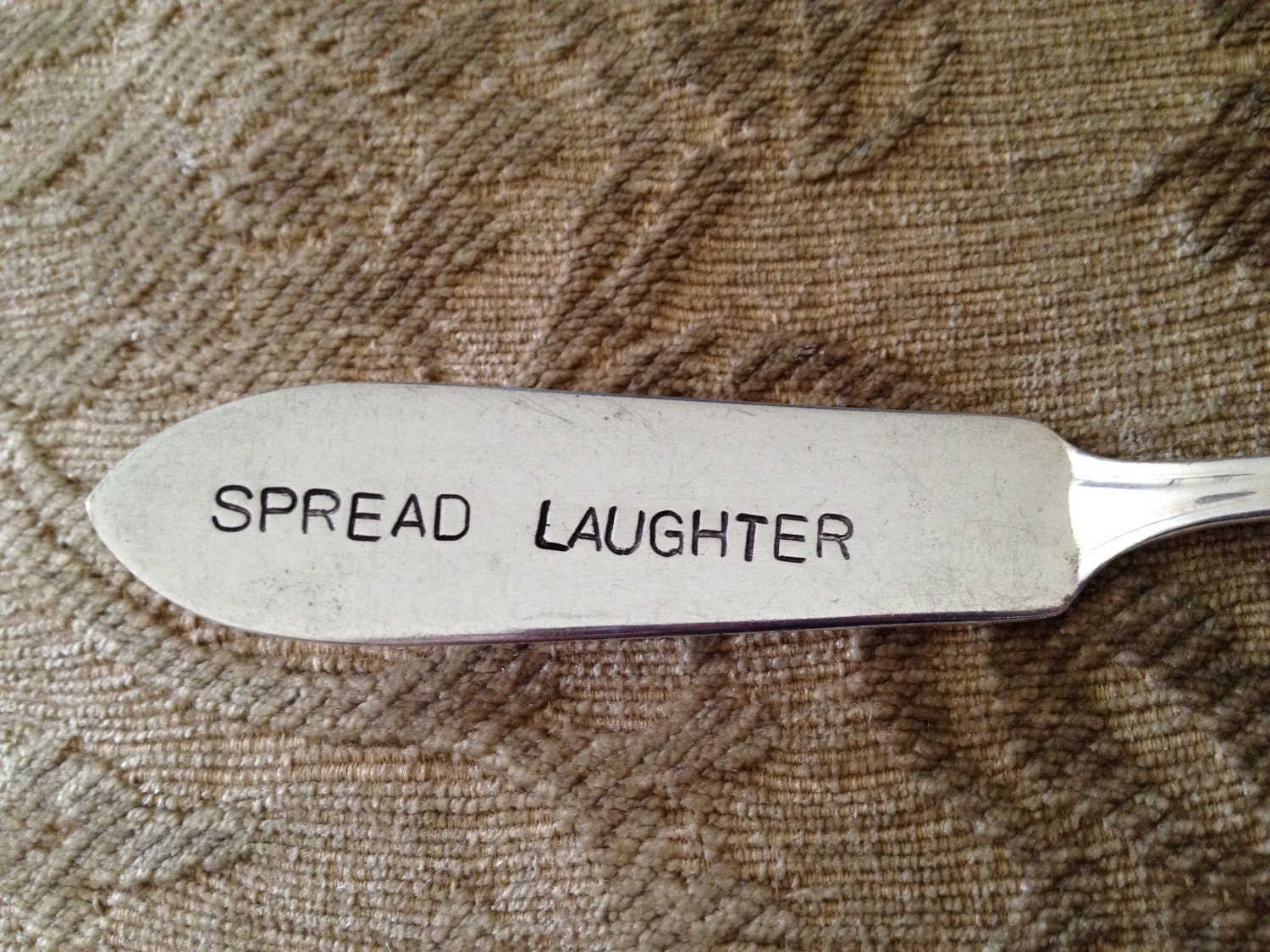 Spread Laughter  vintage silverware hand stamped cheese spreader, butter knife