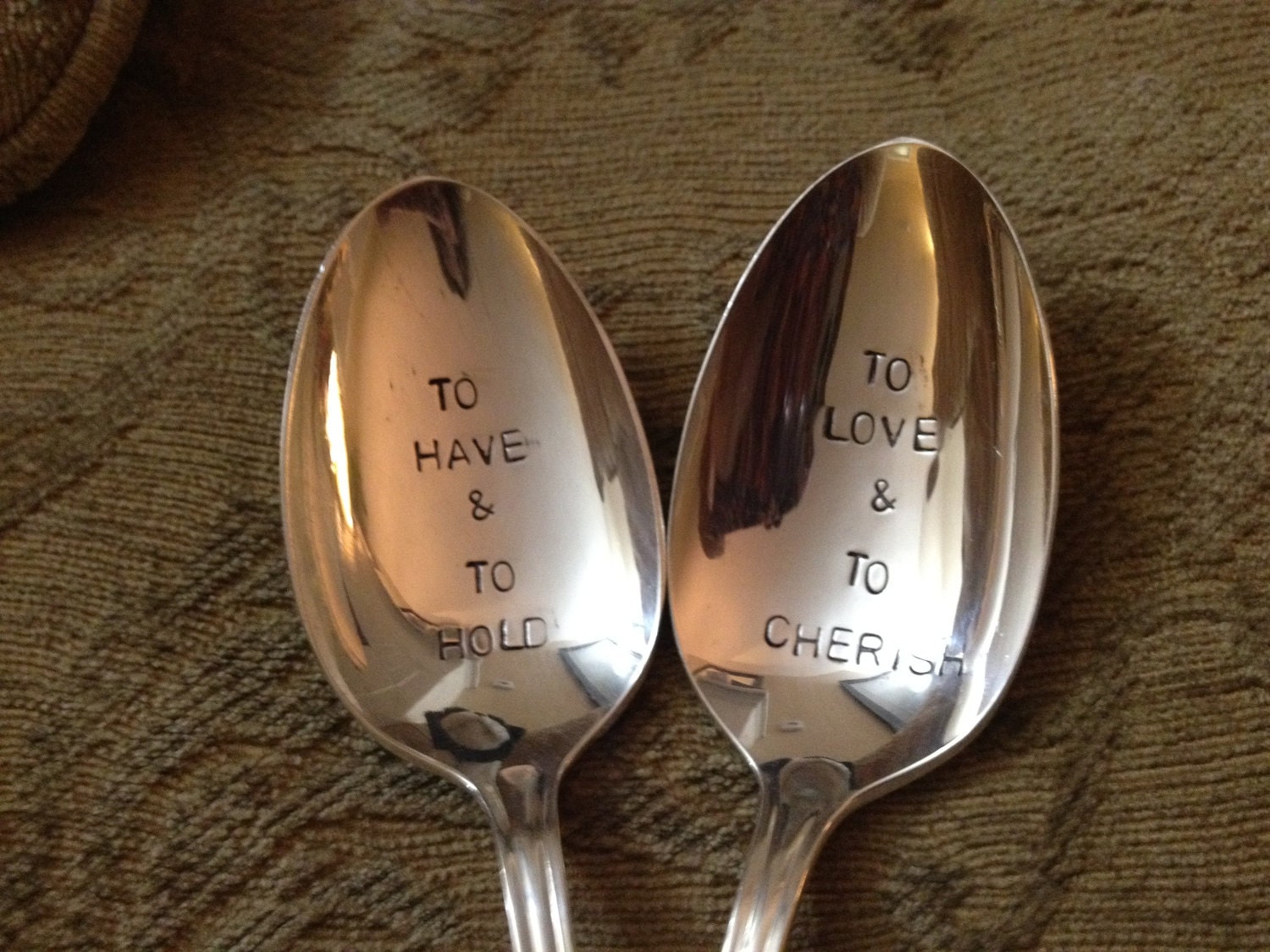 To Have and To Hold, To Love and To Cherish Wedding Spoons Hand Stamped Vintage Silverplate